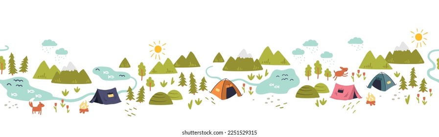 Cute hand drawn vector seamless pattern with camping doodles, tents, landscape and trails, great for textiles, banners, wallpapers