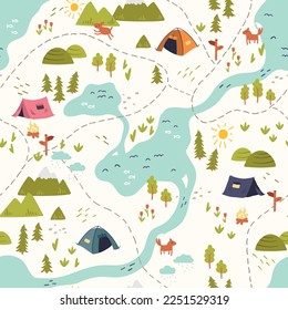 Cute hand drawn vector seamless pattern with camping doodles, tents, landscape and trails, great for textiles, banners, wallpapers