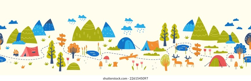 Cute hand drawn vector seamless pattern with camping doodles, tents, landscape and trails, great for textiles, banners, wallpapers