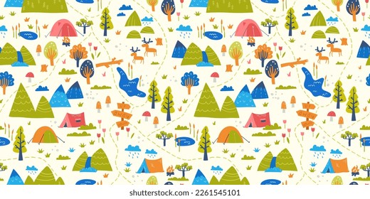 Cute hand drawn vector seamless pattern with camping doodles, tents, landscape and trails, great for textiles, banners, wallpapers