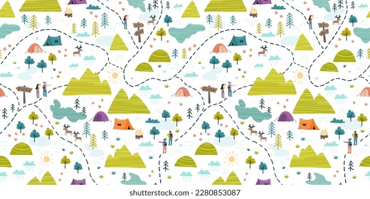 Cute hand drawn vector seamless pattern with camping doodles, tents, landscape and trails, great for textiles, banners, wallpapers