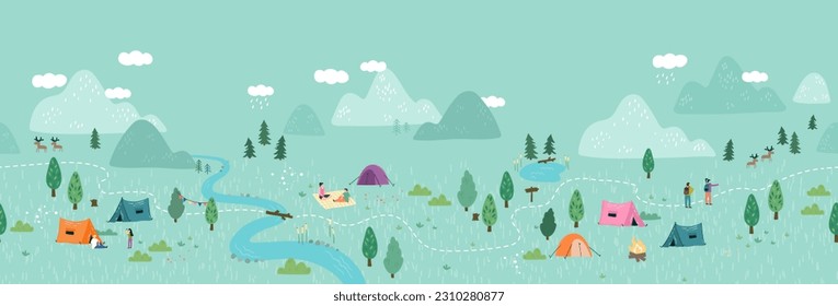 Cute hand drawn vector seamless pattern with camping doodles, tents, landscape and trails, great for textiles, banners, wallpapers 