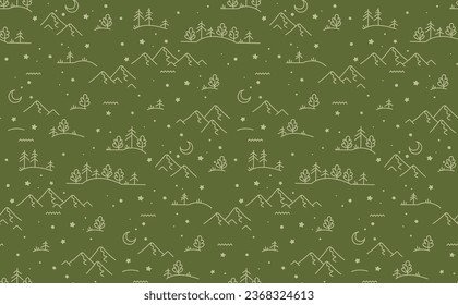 Helle, handgezeichnete Vektorgrafik, nahtlos Muster in Berg- und Waldlandschaft