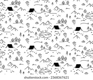 Cute hand drawn vector seamless pattern with camping doodles tents landscape