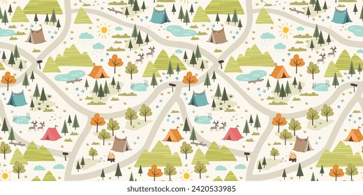 Cute hand drawn vector seamless pattern with camping doodles, tents, landscape and trails, great for textiles, banners, wallpapers