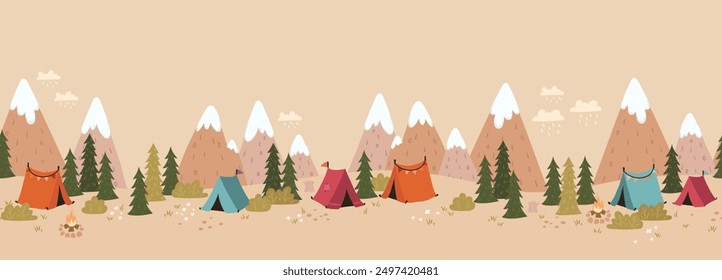 Cute hand drawn vector seamless pattern with camping doodles, tents, landscape and trails, great for textiles, banners, wallpapers