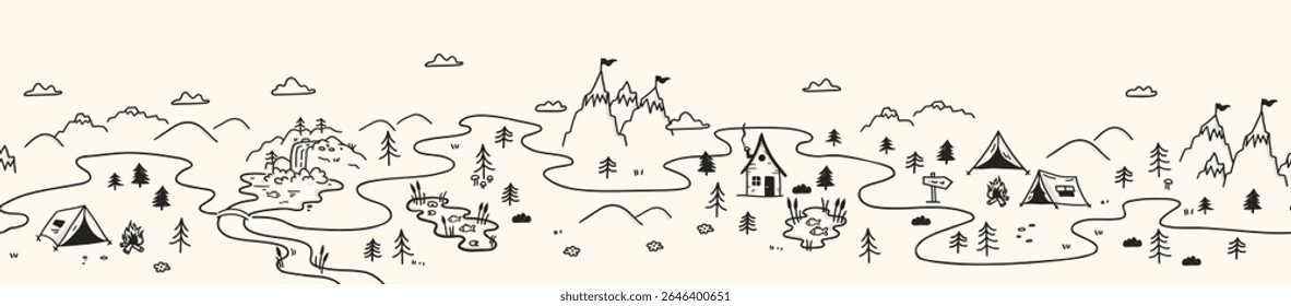 Cute hand drawn vector seamless pattern with camping doodles, tents, landscape and trails, great for textiles, banners, wallpapers