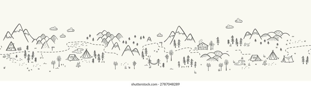 Cute hand drawn vector seamless pattern with camping doodles, tents, landscape and trails, great for textiles, banners, wallpapers