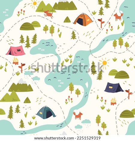 Cute hand drawn vector seamless pattern with camping doodles, tents, landscape and trails, great for textiles, banners, wallpapers