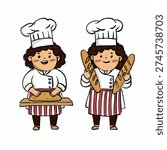 Cute hand drawn vector set of a female baker chef wearing hat and apron, kneading dough and holding fresh baguettes in cartoon style
