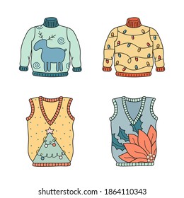 Cute hand drawn vector set of ugly Christmas sweaters isolated on white background. Funny holiday clothes elements template for design card, package, banner, print, fabric, label, advertising, textile