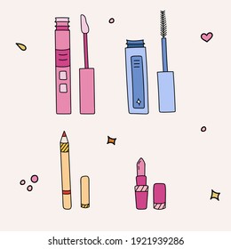 Cute hand drawn vector set with lipstick, eyebrow pencil, lipstick pencil, mascara, lip gloss. Colorful stylized clipart about beauty care, cosmetic. Elements can be used for stickers, social media.