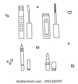 Cute hand drawn vector set with lipstick, eyebrow pencil, lipstick pencil, mascara, lip gloss. Vector stylized doodle about beauty care, cosmetic. Elements can be used for stickers, social media.