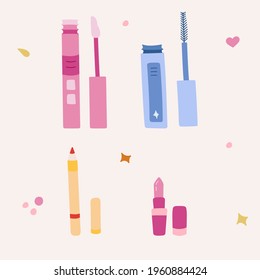 Cute hand drawn vector set with lipstick, eyebrow pencil, lipstick pencil, mascara, lip gloss. Colorful stylized clipart about beauty care, cosmetic. Elements can be used for stickers, social media.