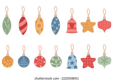 Cute hand drawn vector set of various Christmas ornaments isolated on white background. Festive Xmas tree decoration for packaging, gift, print, fabric, label, wallpaper, wrapping paper, textile.