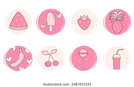 Lindo conjunto de Vector dibujado a mano de Plantillas de diseño de logotipos, íconos e insignias para los medios sociales destacados con frutas de verano lindas, helado, batido y piruleta