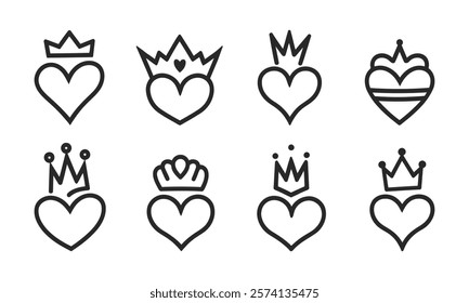 Cute Hand drawn Vector Set of Hearts with Crowns, king and queen crown on heart, crowned hearts