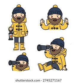 Cute hand drawn vector set of a lighthouse keeper character in yellow raincoat and boots, holding lantern and telescope in playful poses Cute hand drawn vector set of a lighthouse keeper character in yellow raincoat and boots, holding lantern and telescope in playful poses