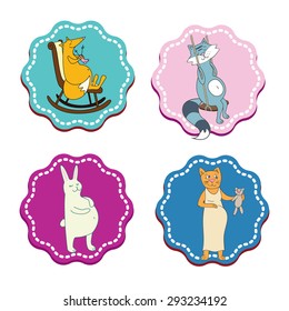 Cute hand drawn vector set of 4 illustrations of pregnant animals. Fox knitting socks, raccoon on a swings, pregnant lovely rabbit and cat in holding a toy cat. Template for greeting card, invitation.
