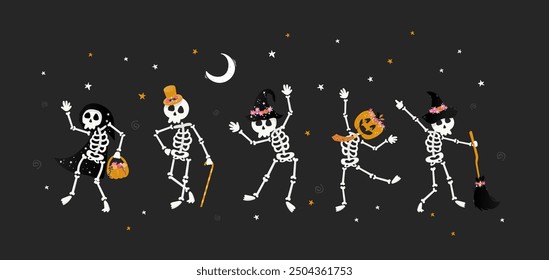 Cute hand drawn vector skeletons with witch hats, pumpkins and other decoration, great for banners, wallpapers, textiles 