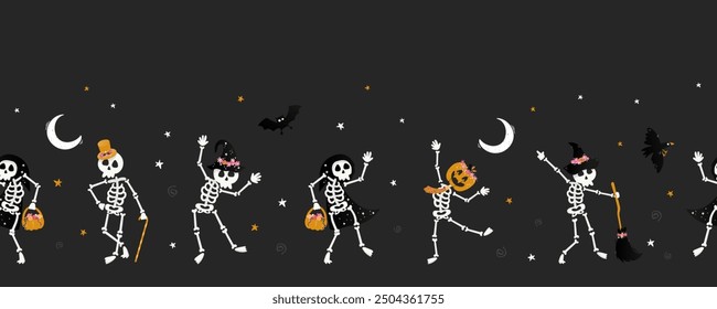 Cute hand drawn vector skeletons with witch hats, pumpkins and other decoration, great for banners, wallpapers, textiles 