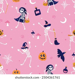 Cute hand drawn vector skeletons with witch hats, pumpkins and other decoration, great for banners, wallpapers, textiles 