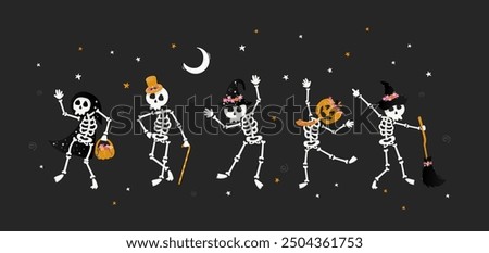 Cute hand drawn vector skeletons with witch hats, pumpkins and other decoration, great for banners, wallpapers, textiles 