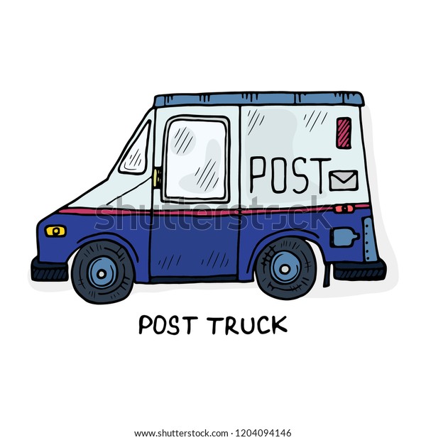 Cute hand drawn vector sketch of post truck.\
Colorful cartoon drawing