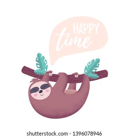 Cute hand drawn vector sloth and tropical palm leaves. Perfect for tee shirt logo, greeting card, poster, invitation or print design