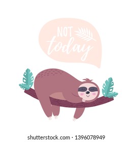 Cute hand drawn vector sloth and tropical palm leaves. Perfect for tee shirt logo, greeting card, poster, invitation or print design