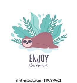 Cute hand drawn vector sloth and tropical palm leaves. Perfect for tee shirt logo, greeting card, poster, invitation or print design