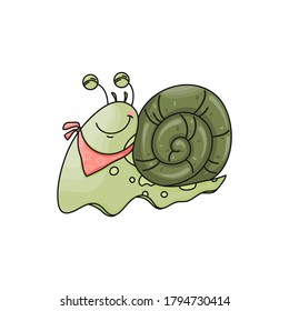 Cute hand drawn vector snail with bandana isolated on white background. Colorful whimsical character for card, print, poster, fabric, wallpaper, banner, textile, nursery art, children's clothing.