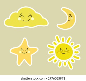 Cute hand drawn vector stickers collection with smiling moon sun cloud star. Simple cartoon weather stickers