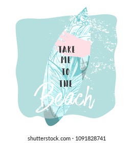 Cute hand drawn vector Summer illustration with surf board with tropical floral texture on pastel blue ocean background and grunge brush stroke textures. Hello tropical Summer