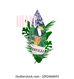 Cute hand drawn vector Summer illustration with surf board with tropical floral texture on pastel blue ocean background and grunge brush stroke textures. Hello tropical Summer