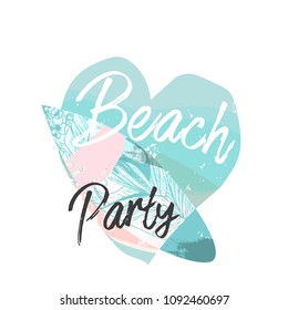 Cute hand drawn vector Summer illustration with surf board with tropical floral texture on pastel blue ocean background and grunge brush stroke textures. Hello tropical Summer