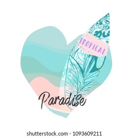 Cute hand drawn vector Summer illustration with surf board with tropical floral texture on pastel blue ocean background and grunge brush stroke textures. Tropical Paradise