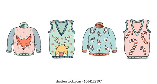 Cute hand drawn vector ugly Christmas sweaters and vests collection. Colorful festive elements for design package, wrapping paper, banner, print, card, gift, fabric, textile, label, advertising, flyer