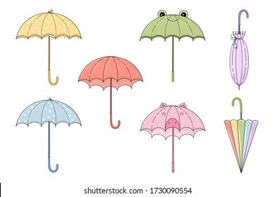 Cute hand drawn vector umbrella collection isolated on white background. Colorful elements for package, wrapping paper, banner, print, card, gift, fabric, label, advertising, card, fabric.