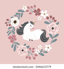 Cute hand drawn vector unicorn in wreath. Perfect for tee shirt logo, greeting card, poster, invitation or print design.