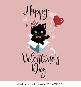 Cute hand drawn vector Valentine cat with text. Perfect for tee shirt logo, greeting card, poster, invitation or print nursery design.