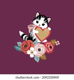 Cuto gato vectorial vintage dibujado a mano con el corazón y las flores. Perfecto para el logotipo de camiseta, tarjeta de saludo, afiche, invitación o diseño de guardería.