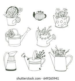 Cute hand drawn vector watering can with summer bouquet. Outlined vector set.