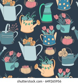 Cute hand drawn vector watering can with summer bouquet. Seamless vector pattern