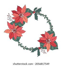 Cute hand drawn vector winter wreath with poinsettia flowers and foliage. Christmas and New Year floral round frame, template for your design, greeting card, sticker, flyer, poster, season invite.