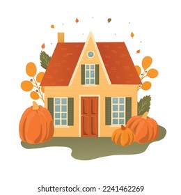 cute hand drawn village cottage, countryside house decorated with pumpkins and leaves on white background. Good for posters, prints, cards, signs, stickers, etc. EPS 10