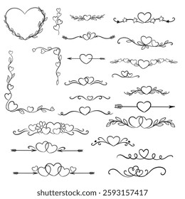 Cute Hand drawn vintage black and white flower ornament text dividers, arrows, heart, border flourishes and laurel vector design elements set for decoration. Decorative heart silhouette for wedding