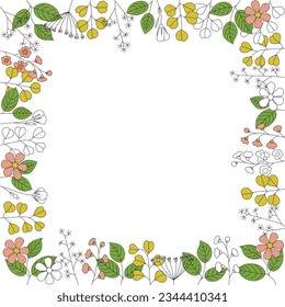 Cute hand drawn vintage frame with wild field flowers on white background. Vector illustration