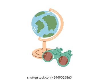 Bonito globo vintage dibujado a mano y binoculares. Ilustración vectorial plana aislada sobre fondo blanco. Dibujo de garabatos.