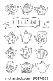 Cute hand drawn vintage set of teapots on white background with ribbon